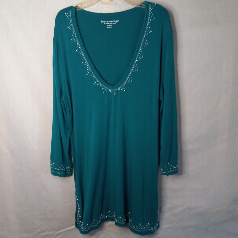 Soft Surroundings Green Shirt Tunic Size Medium Very Soft Beads